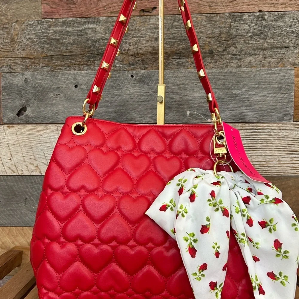 NWT-BESTY JOHNSON Red Quilted Heart Shoulder Bag Studded Straps